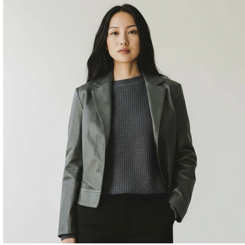 Y2K Leather Jacket Dark Green Open Sz M Medium Blazer Edgy VTG‎ Newport News